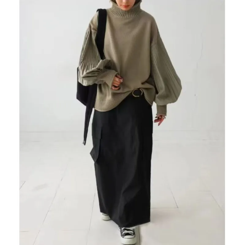 

Женский стильный свитер, водолазка в стиле пэчворк, повседневный свободный пуловер с рукавами-фонариками, весна-осень 2026, женский свитер