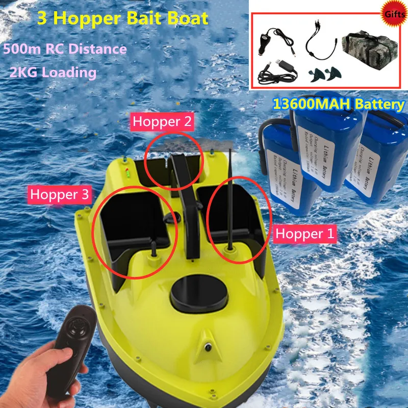 Intelligent  RC Fishing Bait Boat 500M Control Distance 2KG Loading High Speed Dual Light 3 Hopper Fishing Boat With Car Charge