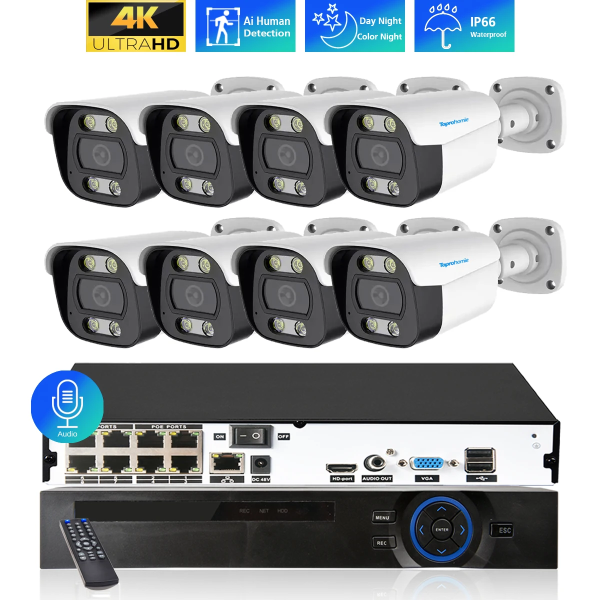 H.disparates-Système de caméra de sécurité CCTV 4K, enregistrement audio, IP66, extérieur, étanche, kit de vidéosurveillance POE, Onvif, 8MP, 5MP