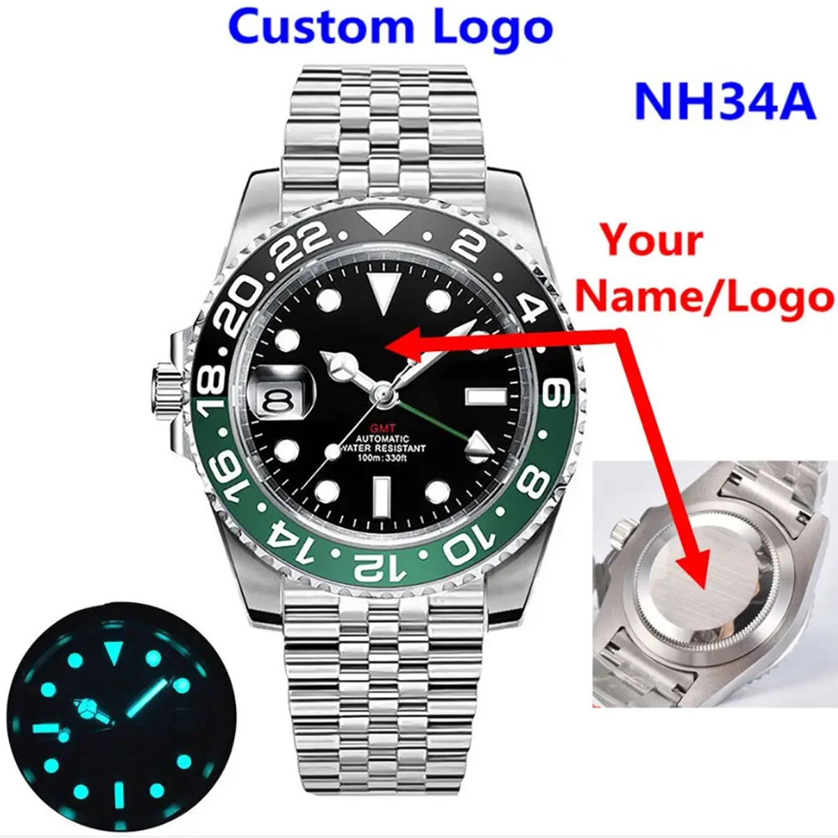 Custom Logo Luxury NH34 Movement Corgeut Mechanical Wristwatch Luminous GMT Watch Men Sapphire Glass Diver Clock Reloj Hombre
