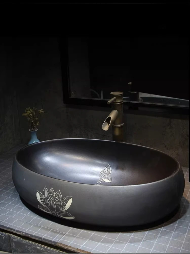 

Zen large oval black lotus table basin Nordic ceramic retro art wash basin