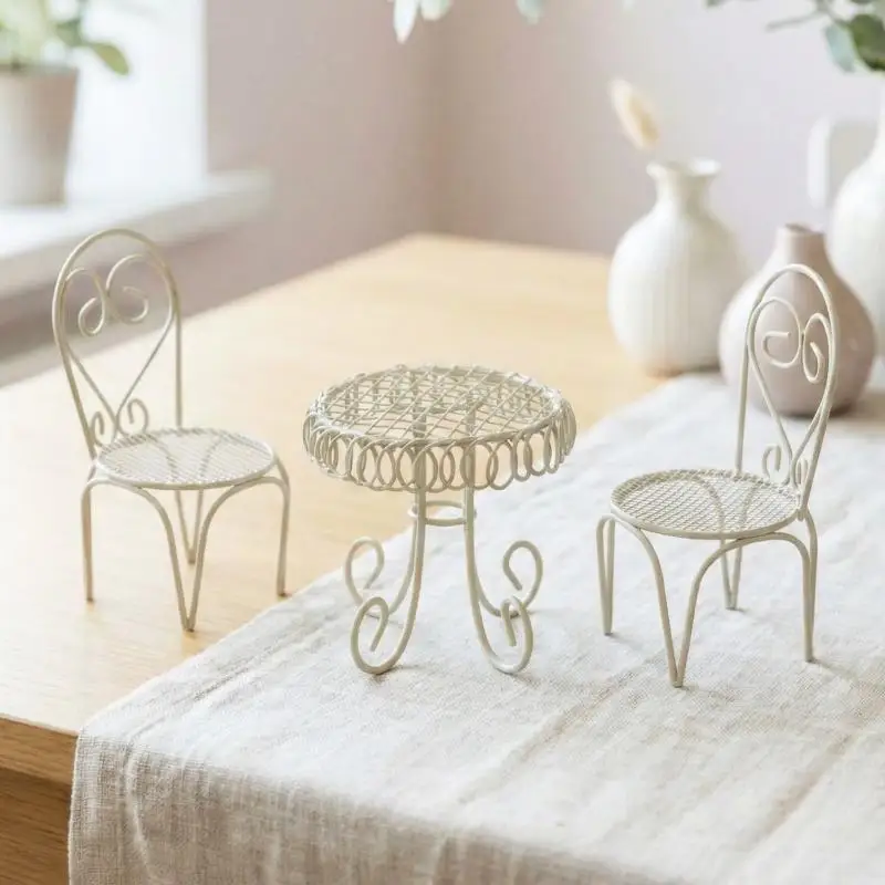 1/3Pcs Dollhouse Garden Display Ornament Prop Accessory Miniature Table Chair Model Tiny Home Decor Iron Furniture