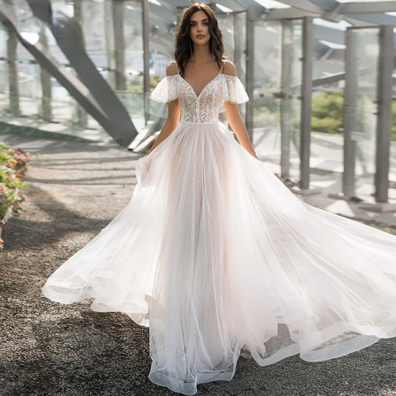 

Luxury A-Line Off Shoulder Spaghetti Straps V-Neck Lace Appliques Wedding Dress Tulle Sequined Sweep Train Princess Bridal Gowns