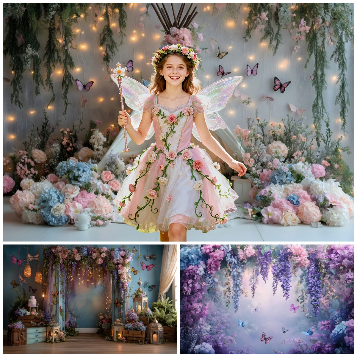 Floral Butterfly Birthday Photography Backdrops Fairy Tent Flower Watercolor Wall Romantic Girl Baby Party Decoration Background