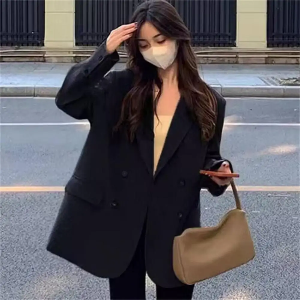 Comfortable Suit Elegant Women's Double Breasted Suit Jacket with Lapel Design Flap Pockets Stylish Business Outwear for A