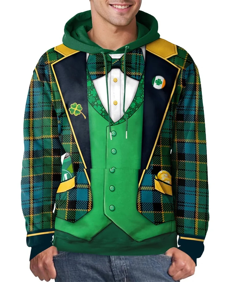 

Men's St Patrick's Day Hoodie Clothes Full Print Shamrock Irish Graphic Sweatshirt Mens Casual Pullover Tracksuit Hoody For Men