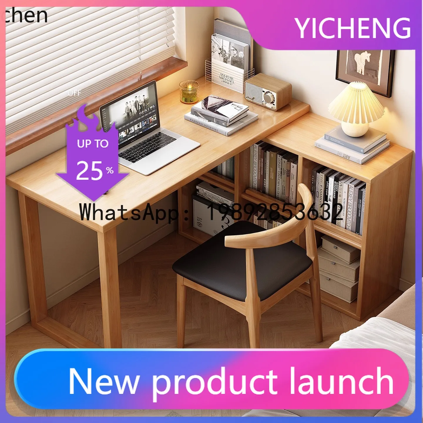 

solid wood corner desk with built-in bookshelf - corner wall-mounted workstation