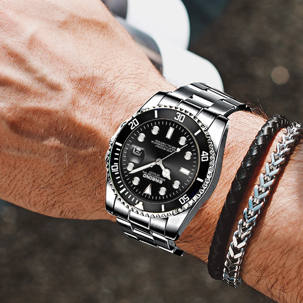 BINBOND Men's Watches 920G Trend Fashion Original Quartz Watch for Man Stainless Steel Waterproof Luminous Date Rotating Bezel