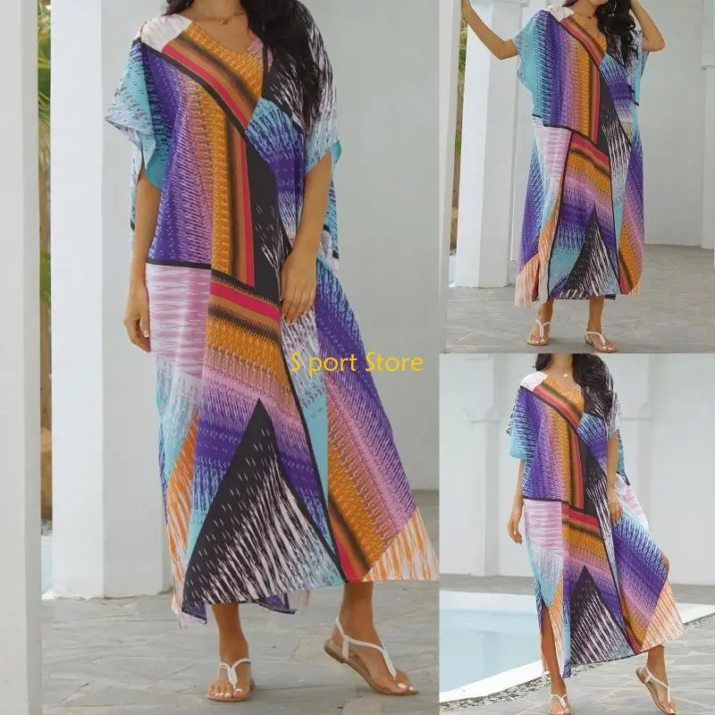 U2JB 女性エスニックプリントカフタンビーチドレスプラスサイズ水着カバーアップ水着