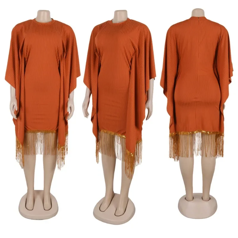 Vintage elegante moda fiesta Midi Vestidos mujeres noche club nocturno manga de murciélago lentejuelas dobladillo con borlas vestido ajustado para graduación Vestidos