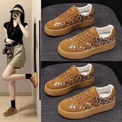 CLAIAMI Cow Suede Training Shoes for Women Leopard Leather Shoes for Women Casual Sports Lace-up Rubber Women Sneakers Zapatos