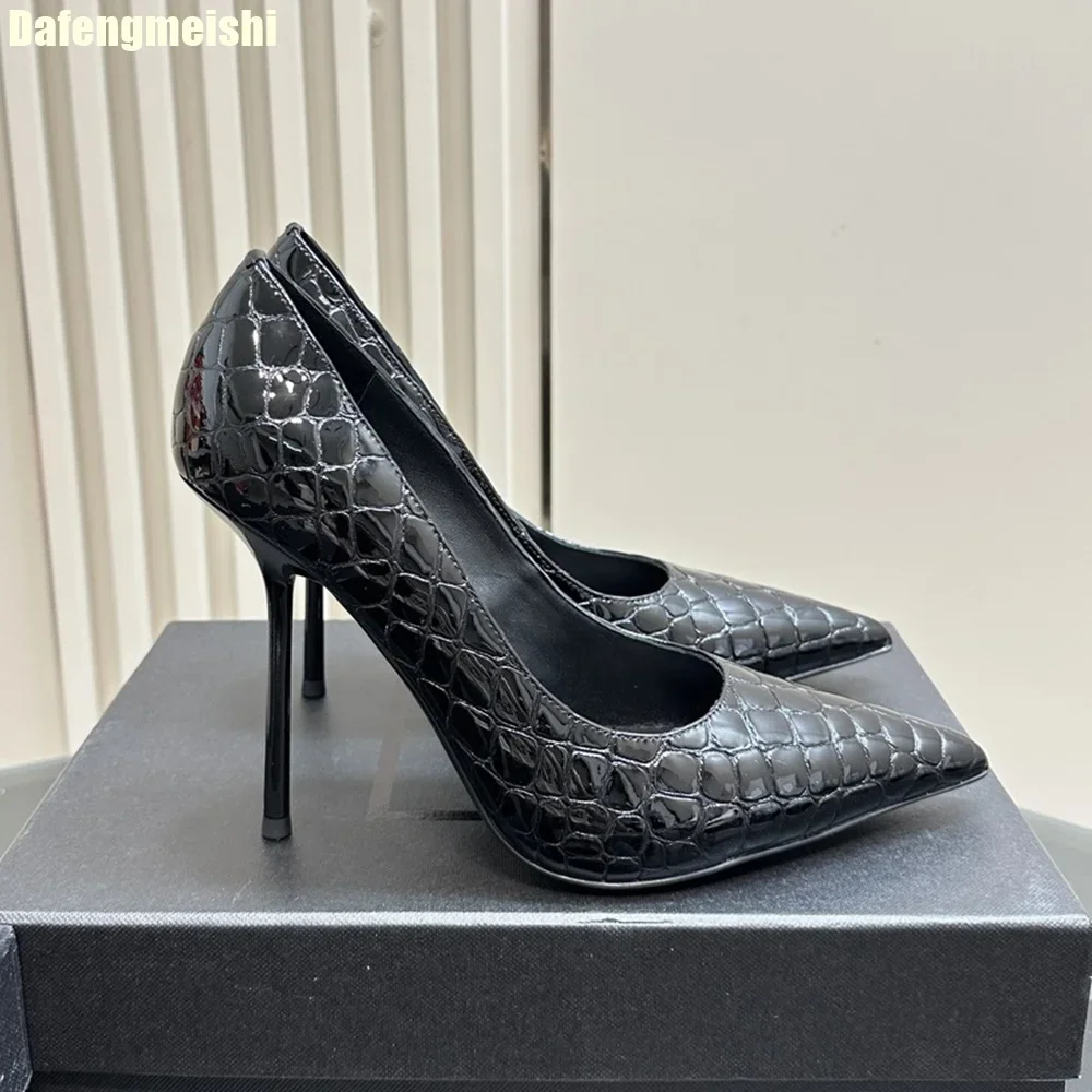 

2025 New Sexy Women Pumps Black Patent Leather/crocodile Pattern Genuine Leather Thin Heel Pointed Toe High Heels Shallow 10.5Cm