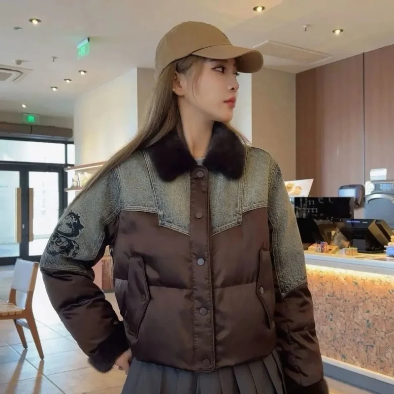 

Patchwork Fur Embroidered Denim Jacket - Winter Warm Short Coat, Ladies Fashion Chic Outerwear (W1899)