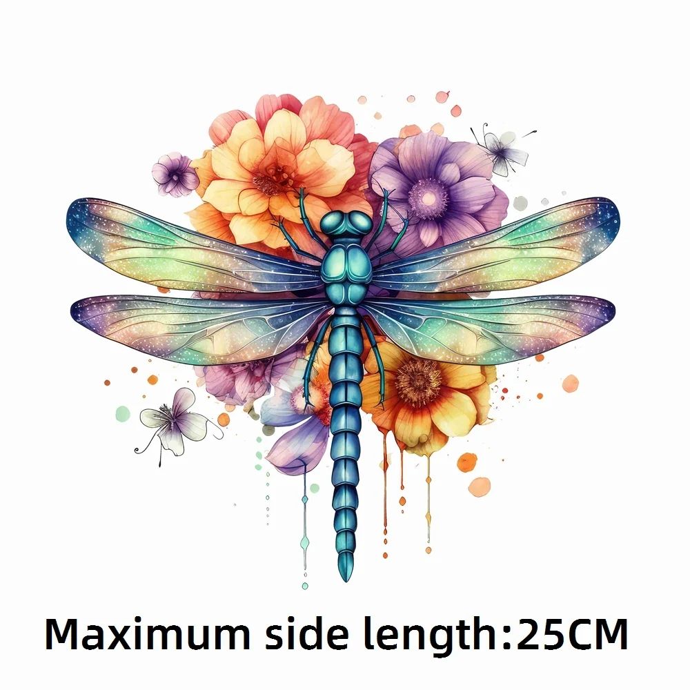 New 25cm Colorful Flower Dragonfly Iron-On Transfers Sticker For T-Shirts DIY Washable Heat Transfer Patch For Clothes Stickers