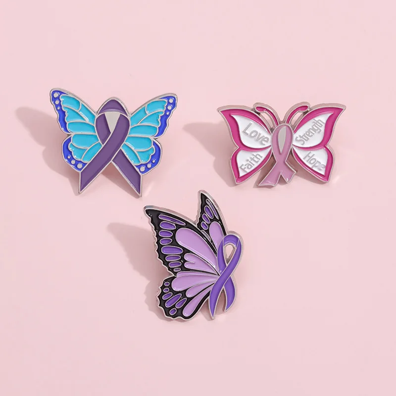 Butterfly Ribbon Enamel Pins Custom Love Faith Strength Hope Brooches Lapel Badges Against Violence Jewelry Gift for Friends