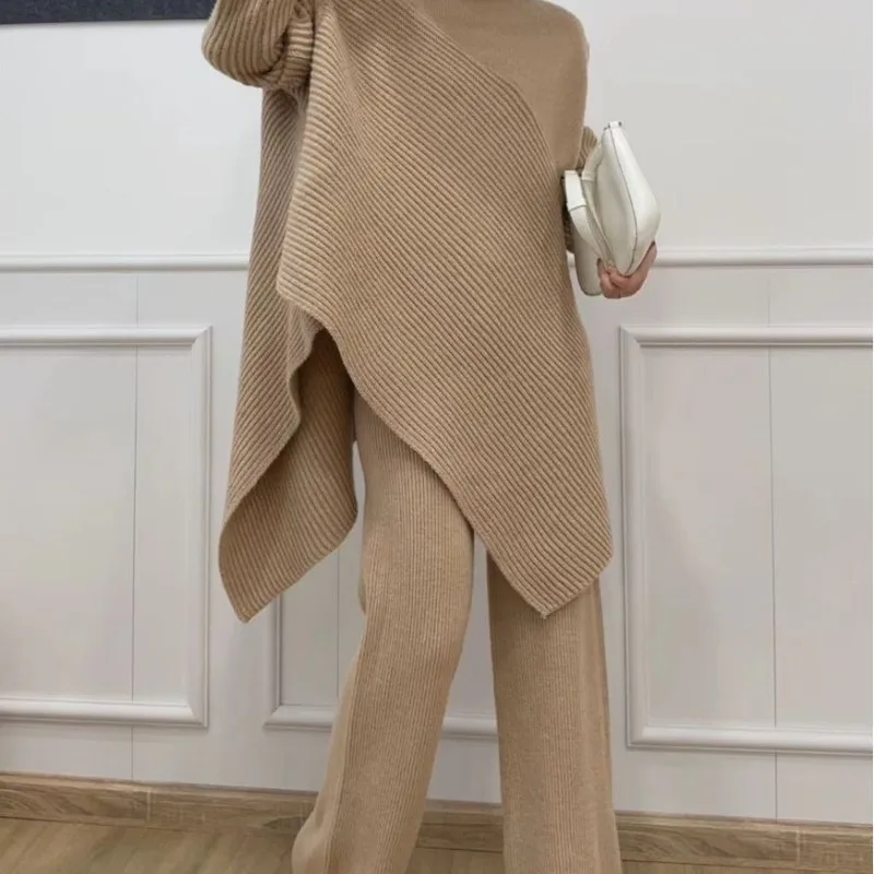 

Elegant Knitted 2 Piece Set Women Turtleneck Long Sleeves Pullovers Straight Pants Sweater Set High Street Y2k Clothes for Women