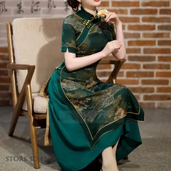 Largre Size Traditional Chinese Ao Dai Qipao Lady Long Dress Classic Print Cheongsam Sexy Slim Satin Vestidos Evening Party Gown