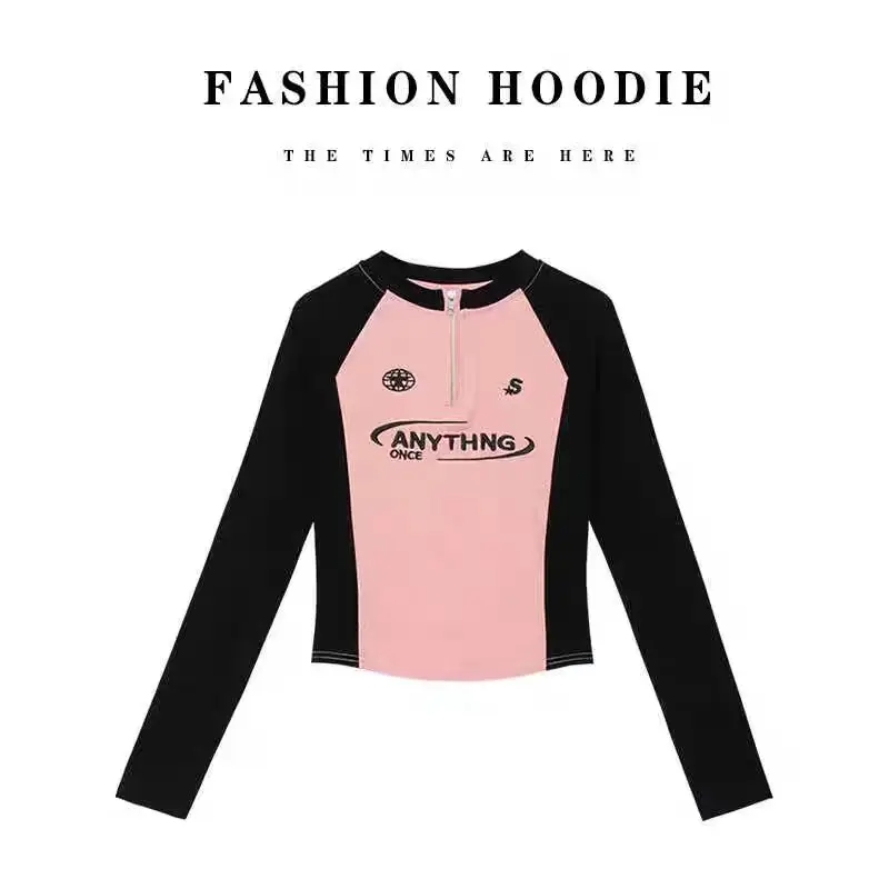Frauen Langarm Sexy Slim Fit T Shirts Baumwolle Sport Zipper Crop Top Y2k Langarm Koreanische Harajuku Kpop Grafik Patchwork T – Detail 9