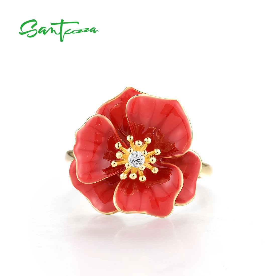 SANTUZZA Pure 925 Sterling Silver Rings For Women Sparkling White CZ Enamel Red Flower Delicated Wedding Engagement Fine Jewelry