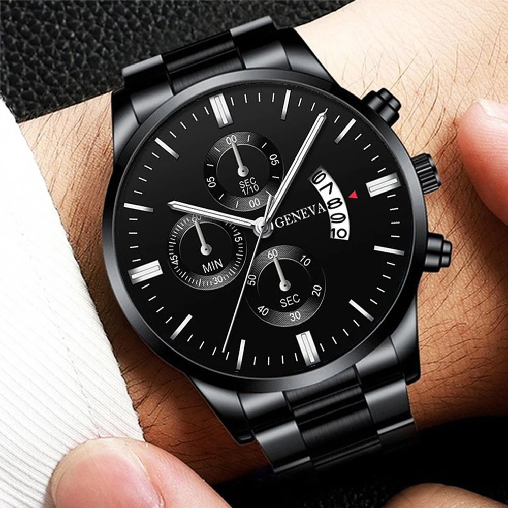 3PCs/Set Men Watch Fashion High-end Stainless Steel Strap Men Business Quartz Watch Bracelet Necklace Set