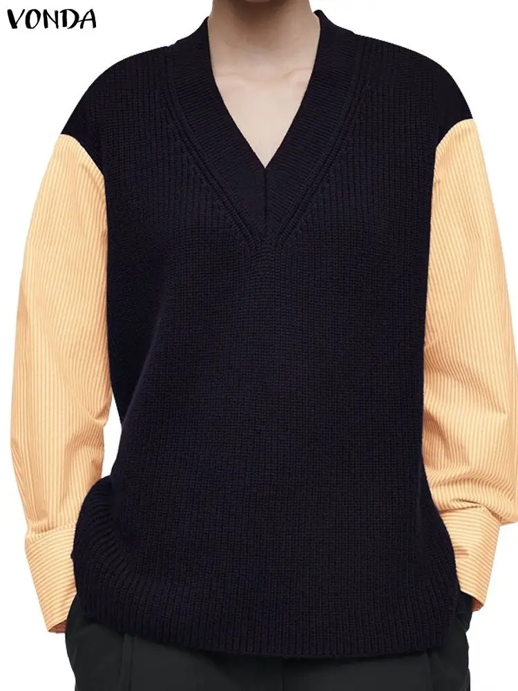

Женская блузка размера плюс 5XL VONDA, мода 2025, осенние вязаные топы с длинными рукавами, цветные лоскутные блузки, женские повседневные рубашки с v-образным вырезом