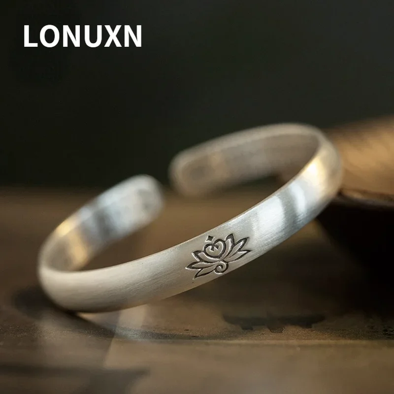 

High Quality 999 Sterling Siliver Bangle Lotus Heart Sutra Hand-carved Retro Mala Yoga Bracelet Lotus Buddha Bracelet Women Gift