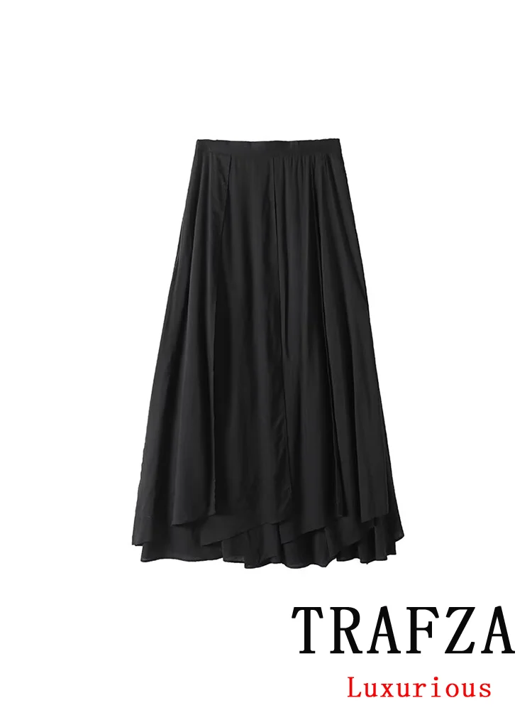 

TRAFZA Elegant Casual Chic Women Skirt Solid Black Draped Asymmetric Hem Skirt New Fashion 2025 Spring Summer Holiday Long Skirt