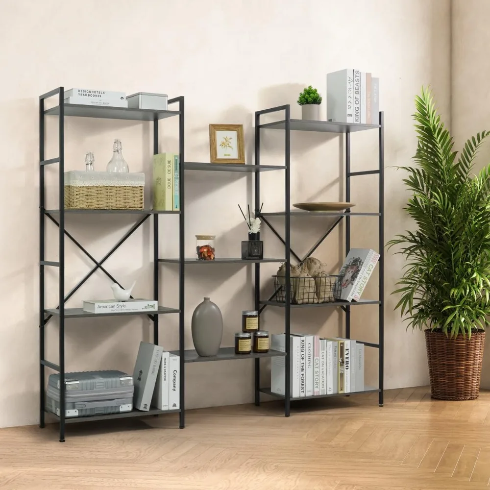 

Triple Column Bookshelf, Industrial Triple Bookcase Display Shelves, Adjustable Wide Shelf for Living Room, Bedroom, Home Office