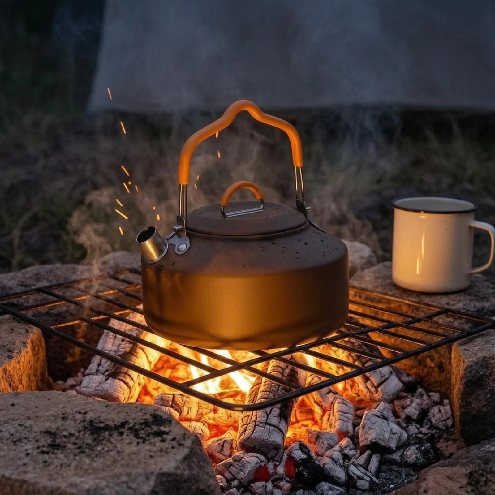 1.0 L Camping Kettle Folding Handle Stainless Steel Camping Kettle Camp Tea Pot Smooth Coated Finish Carrying Loop