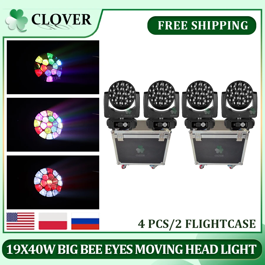 0 Tax 4Pcs LED Beam 19X40W Big Bees Eyes RGBW  Moving Head Light With 2 Flycases For Bar Disco Wedding Party Nightclub Stage