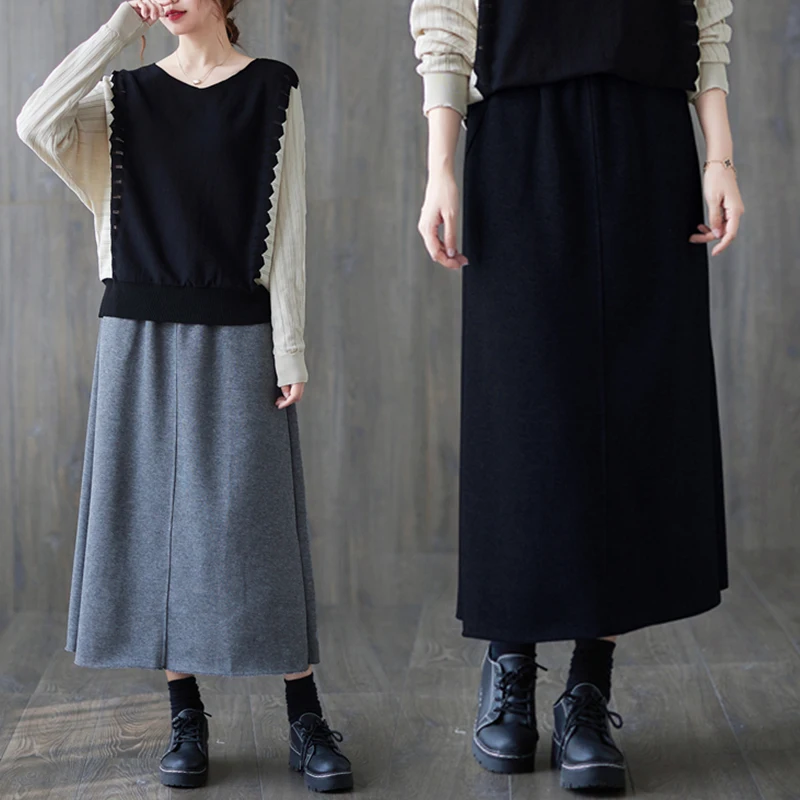 

Теплая вязаная юбка миди больших размеров для женщин, цветная, с эластичной талией, А-силуэт, для офиса, осень-зима, утепленная, средней длины