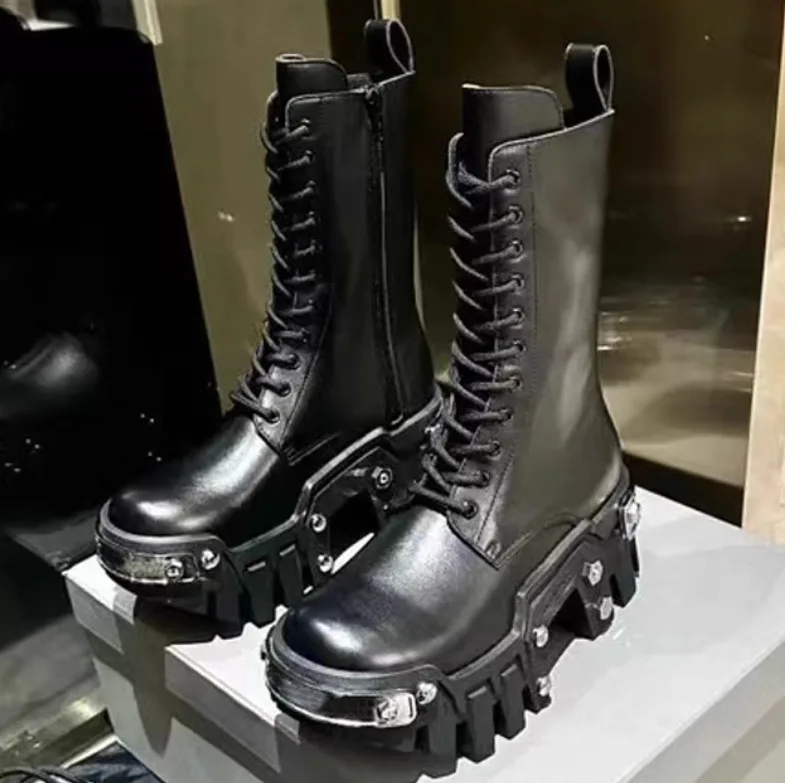 

Luxury Designer Chunky High Heel Platform Ankle Boots Men Increasing All Match Caual Punk Style Motorcycle Boots Male Large Size