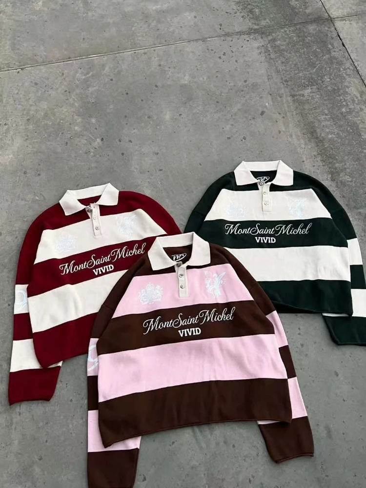 2026 New Stripe Color Matching Ins Style American Retro Long Sleeve Polo Shirt Men’s and Women’s Personalized Street Trend