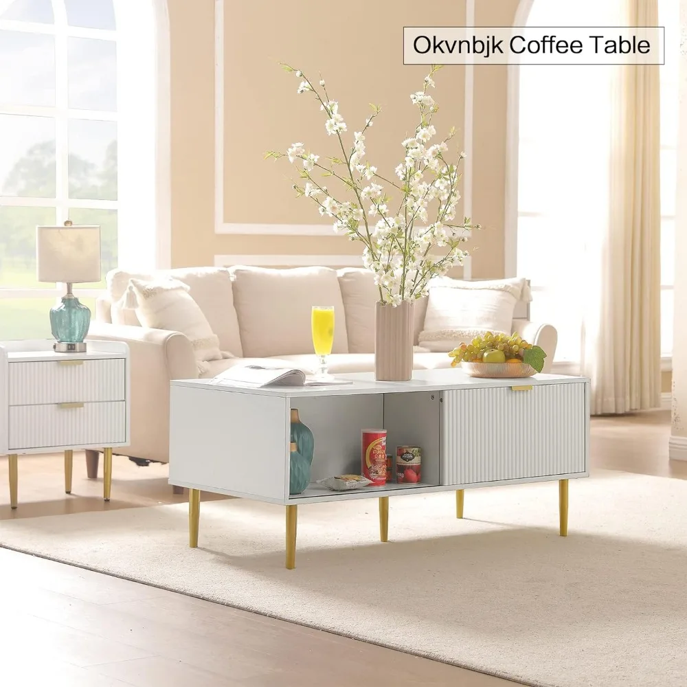 Coffee Table,Modern Center Table for Living Room,Waveform Panel Sliding Door Style, Large Storage Space,Coffee Tables