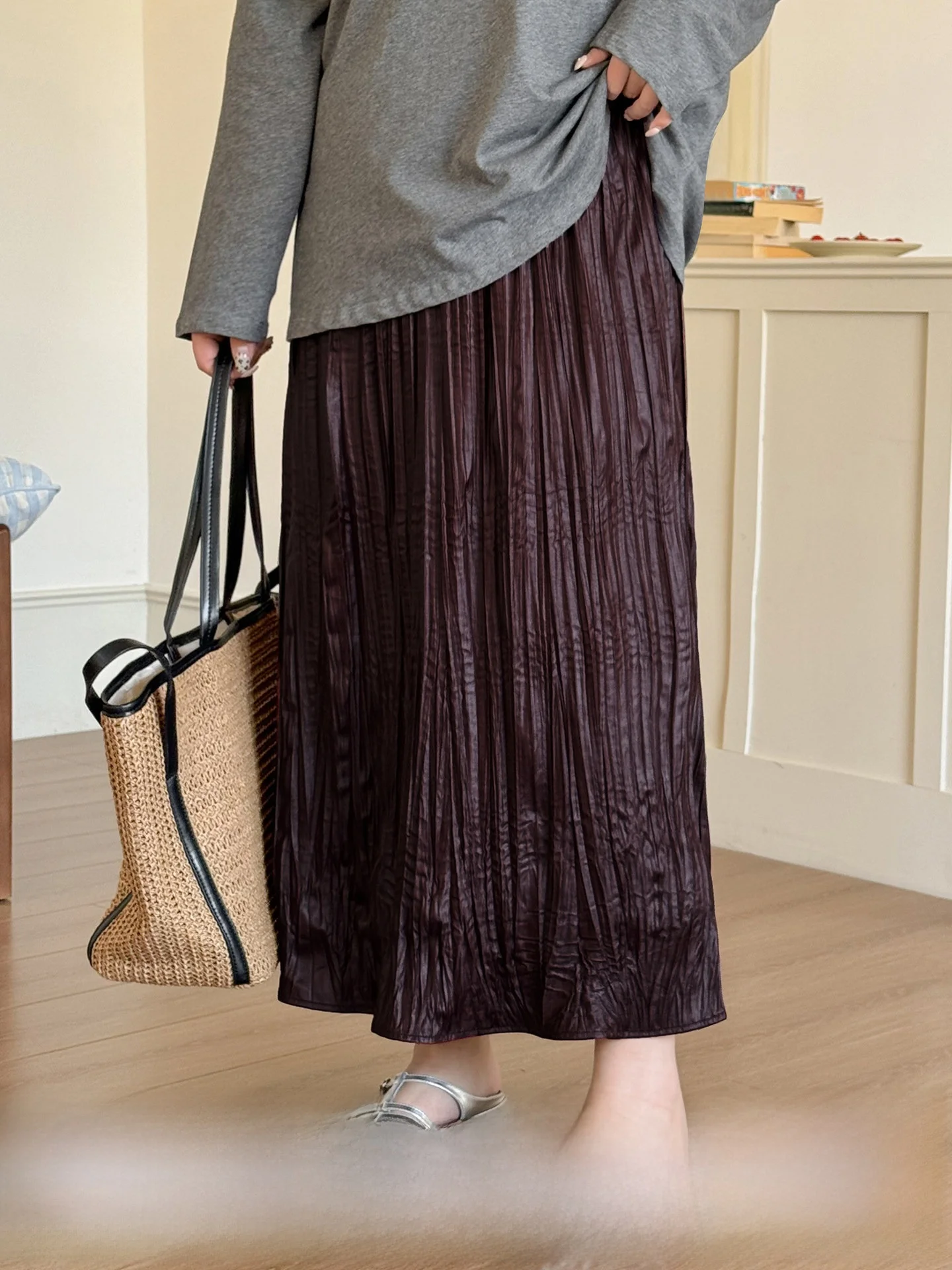 

High Waist plus Size Skirt Textured Pleated Loose Meat Concealing Midi Skirt Vintage Style Casual Wear A-Line Silhouette