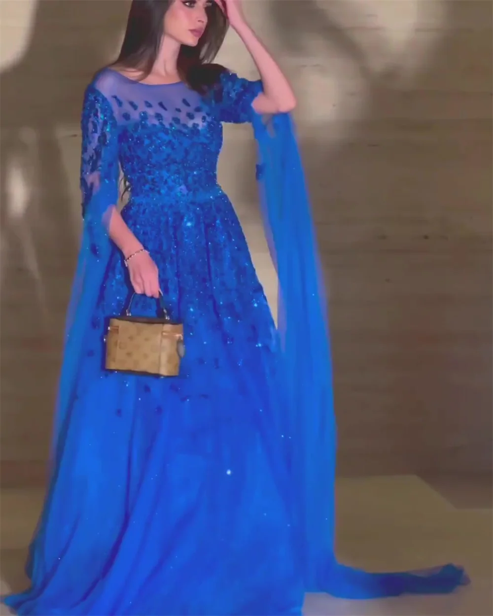 Customized Fashion Poretrait A-line Sweep/Brush Evening Dresses Sequin Net/Tulle Formal Occasion Gown فساتين سهره نسائيه فخمةفسا