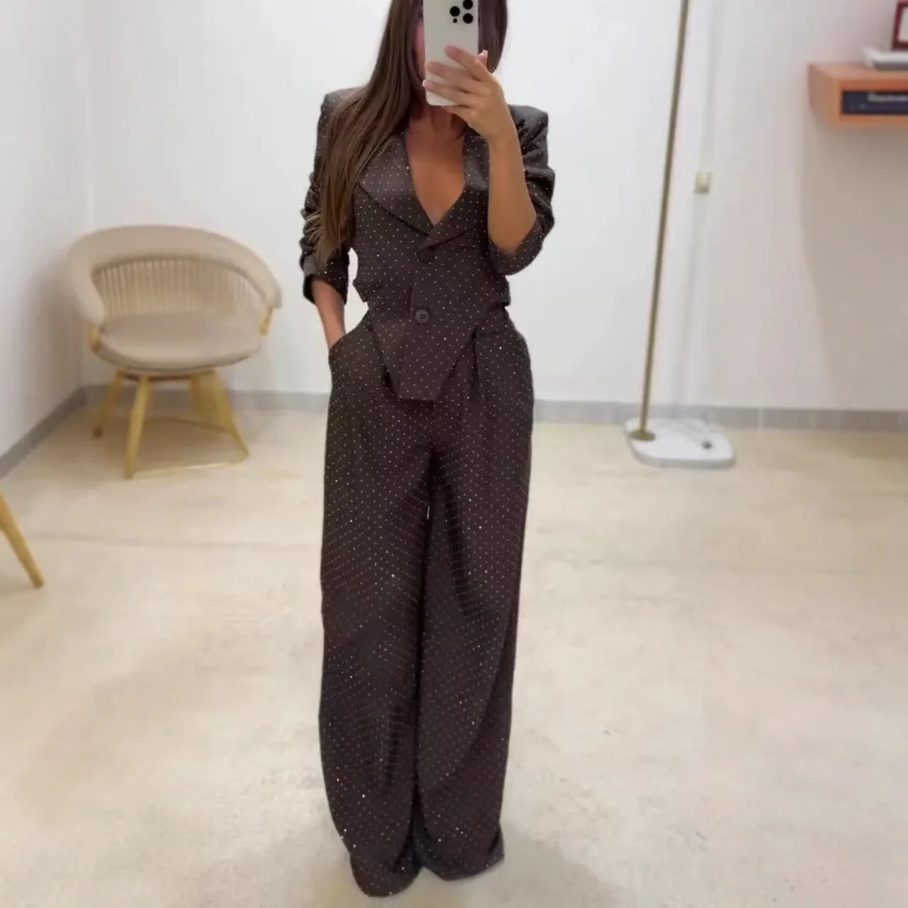 

2026 Spring New Two Piece Set Women's Suit Elegant Lapel Irregular Jacket+Wide-leg Pants Sets Lady Casual Long Sleeve 2pcs Suit
