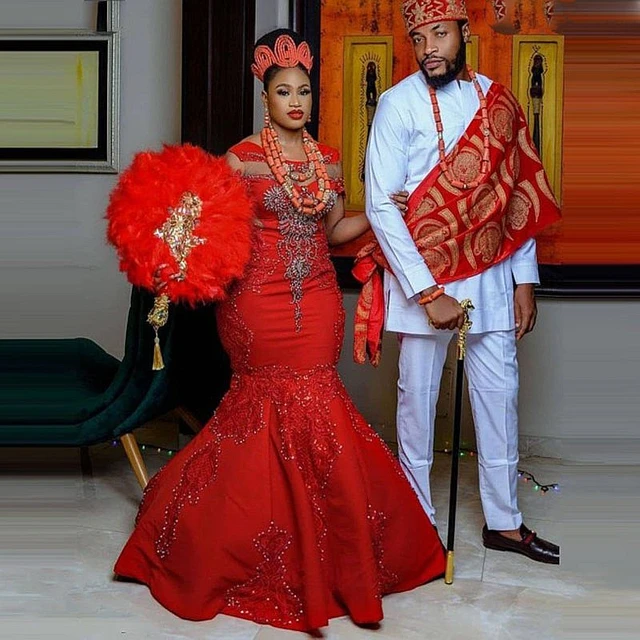 Robe de Rhsirene nigeriane rouge pour femme grande taille manches courtes perles dentelle appliques robe de soiree fete quoi que ce soit AliExpress