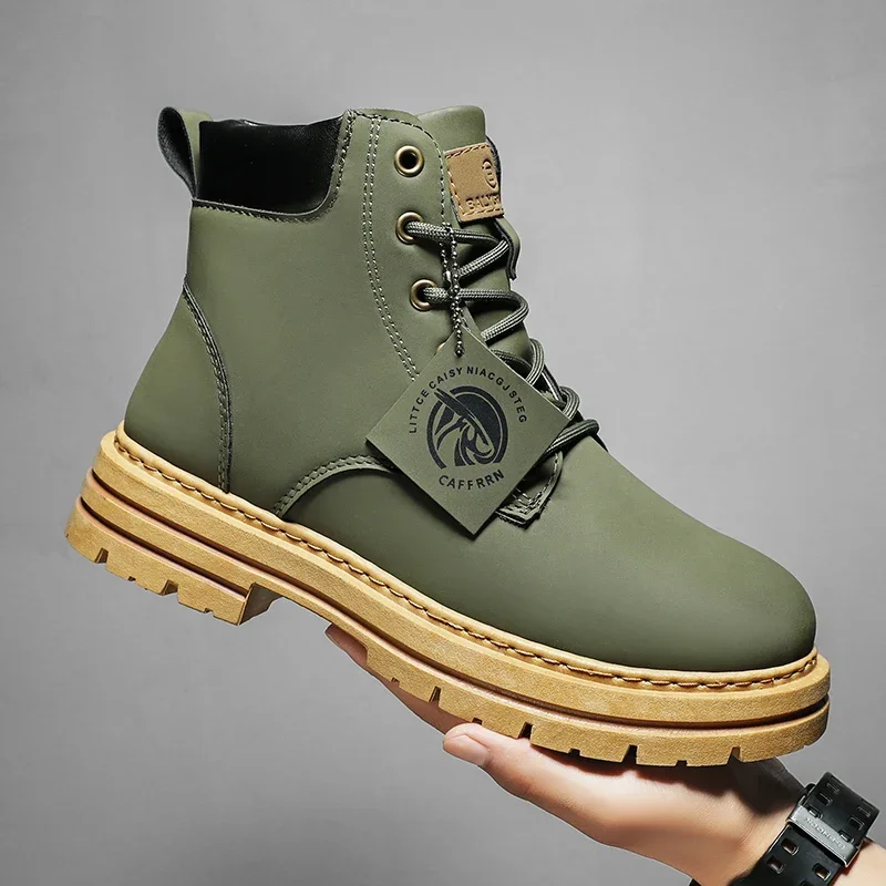 Men's Leather Casual Shoes Lace Up Winter Black High Top All-match Men's Casual Boots Non-slip Trend Rubber Men Flat Boots