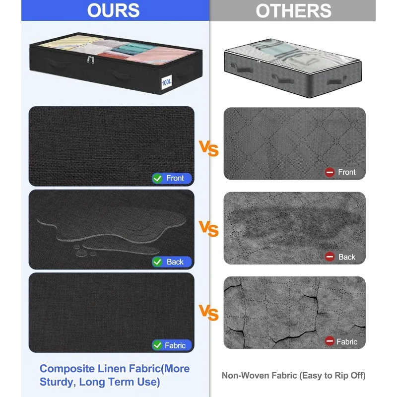 Очень большие контейнеры для хранения под кроватью, контейнеры высотой 7,5 дюймов, 6 шт., 100 л для хранения одежды под кроватью — складная под кроватью без структуры