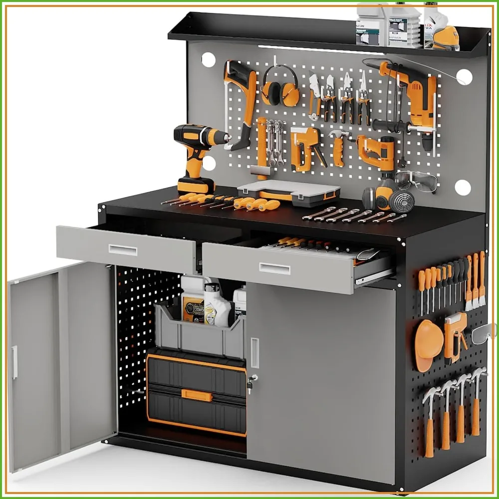 65in Heavy Duty Garage Workbench with Storage Drawers & Pegboard, 2000lbs Capacity Metal Work Bench