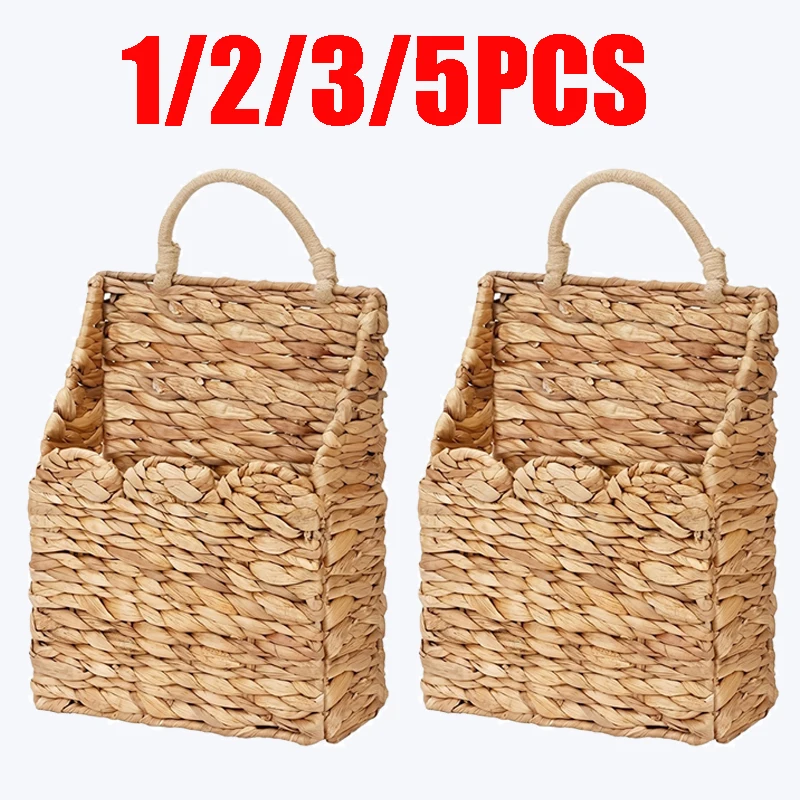

1/2/3/5PCS Woven Hanging Storage Basket Natural Hyacinth Handmade Wall Organizer for Home Bathroom Kitchen Bedroom Decor