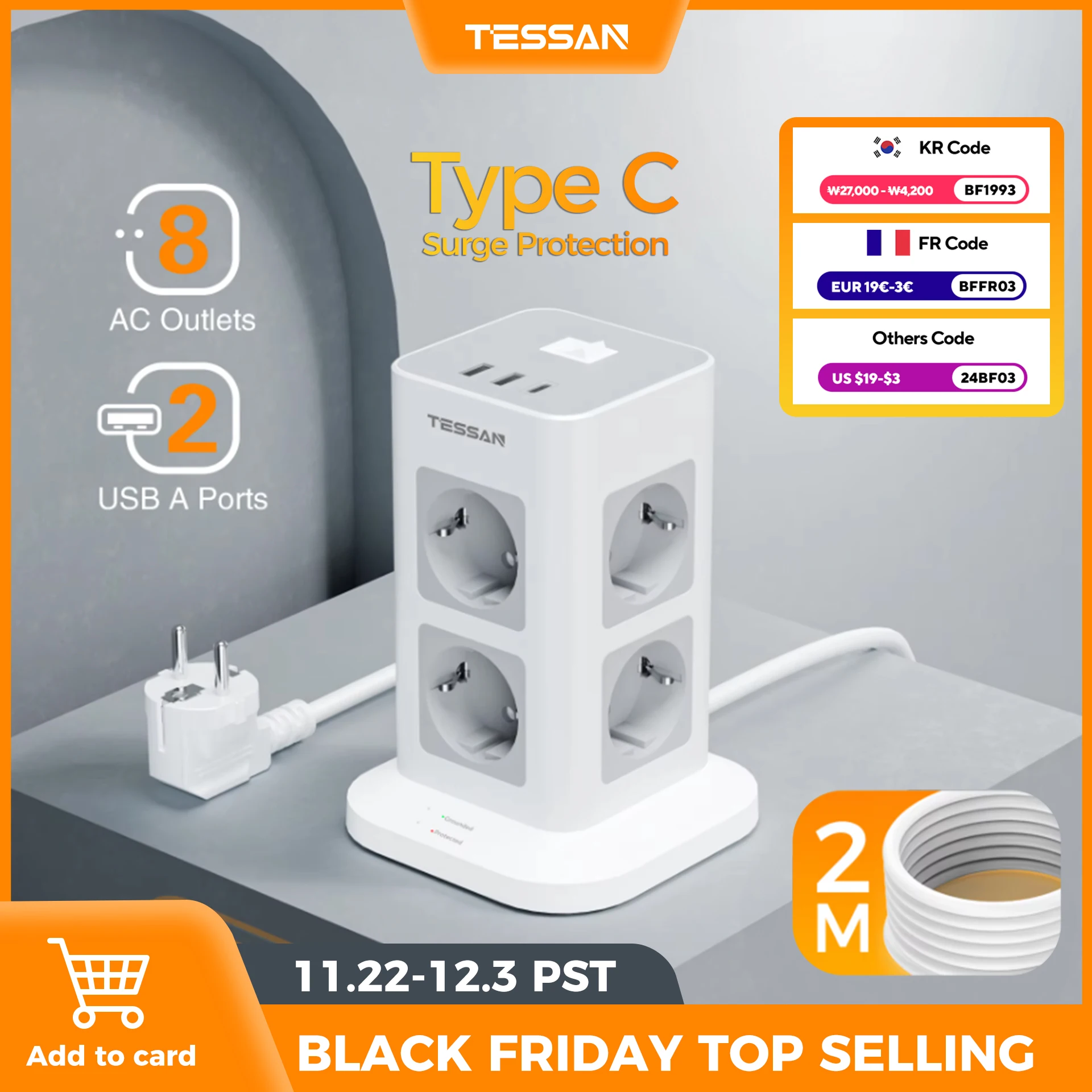 TESSAN Tower Extension Power Strip with USB 2M Extension Cord with EU Plug Tower Multiple Socket with Switch Surge Protection