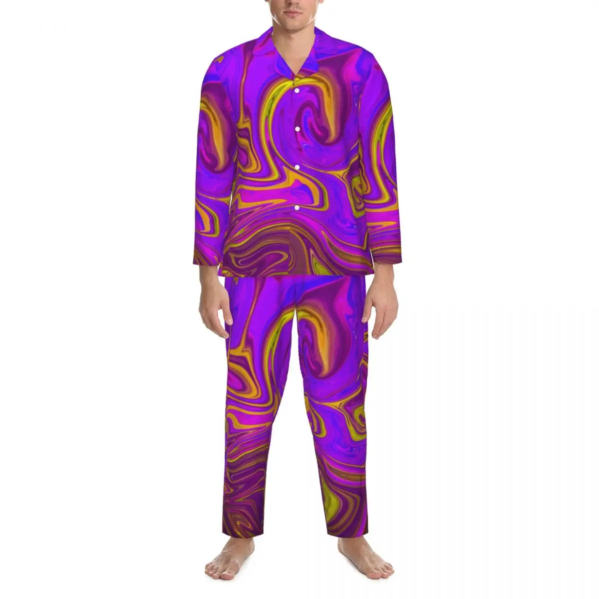 Pyjama Heren Neon Vloeibare Print Slaap Nachtkleding Abstract Ontwerp 2-delige Casual Pyjama Set Lange Mouw Trendy Oversized Thuispak