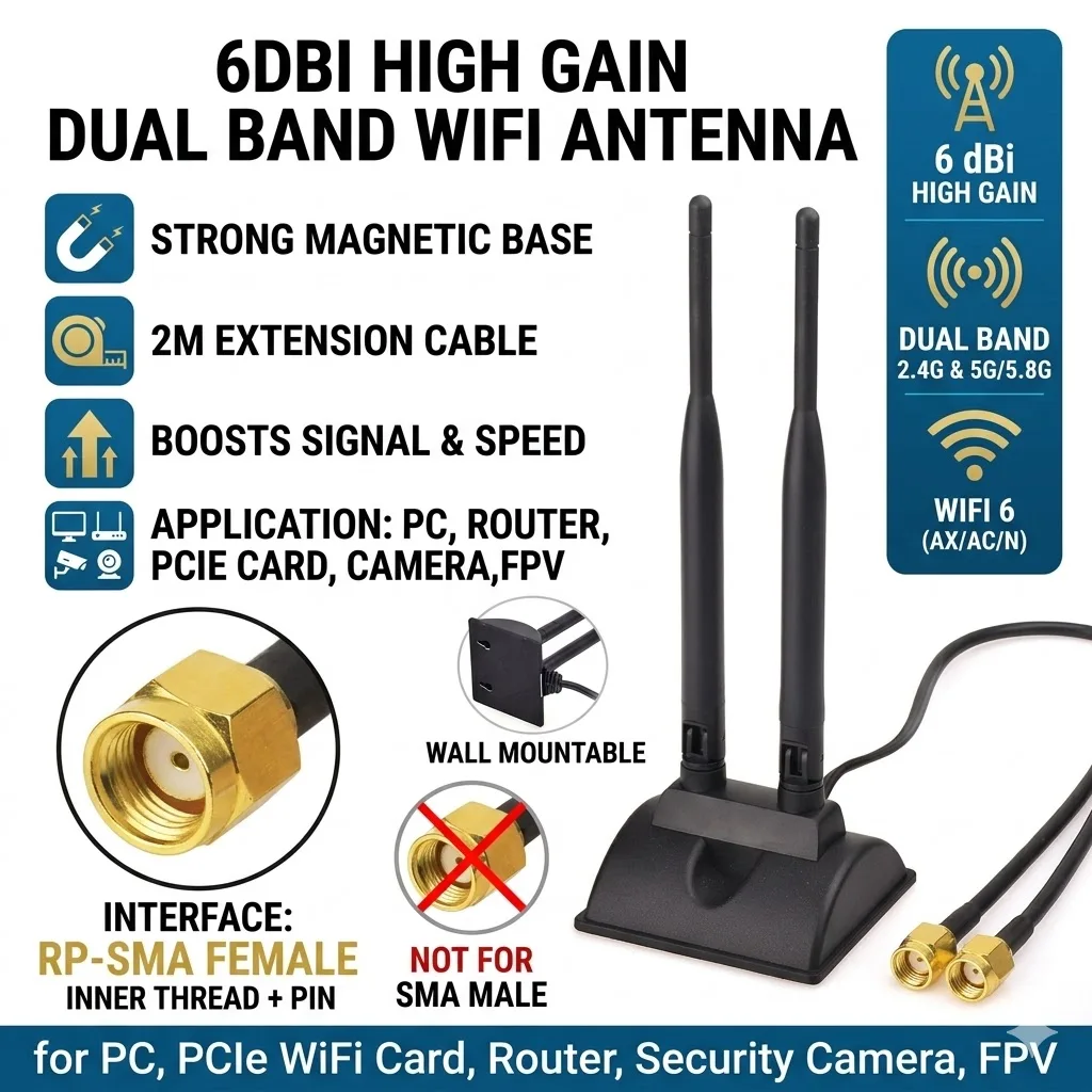 

Антенна Superbat 6dBi двухдиапазонная (2.4G/5G/5.8G) для Wi-Fi роутера с высоким коэффициентом усиления, магнитным основанием, удлинительным кабелем 2 м, RP-SMA Male, для ПК