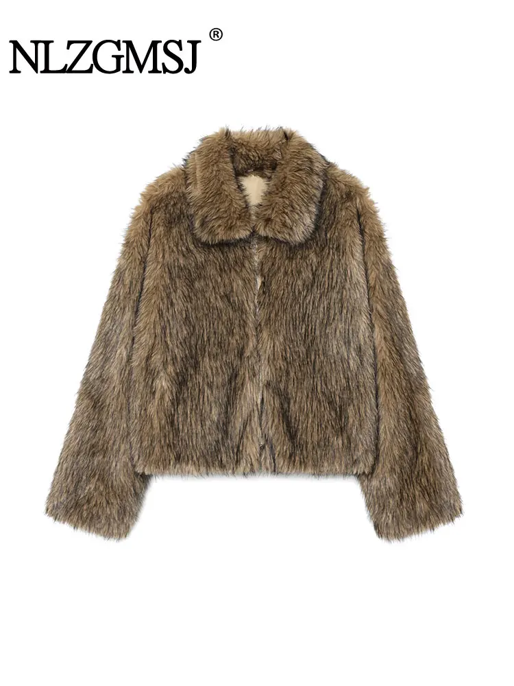 

NLZGMSJ Fluffy Faux Fur Women Coat 2025 Winter Warm Zipper Long Sleeve Turn Down Collar Loose Jacket Female Outwear Y2K