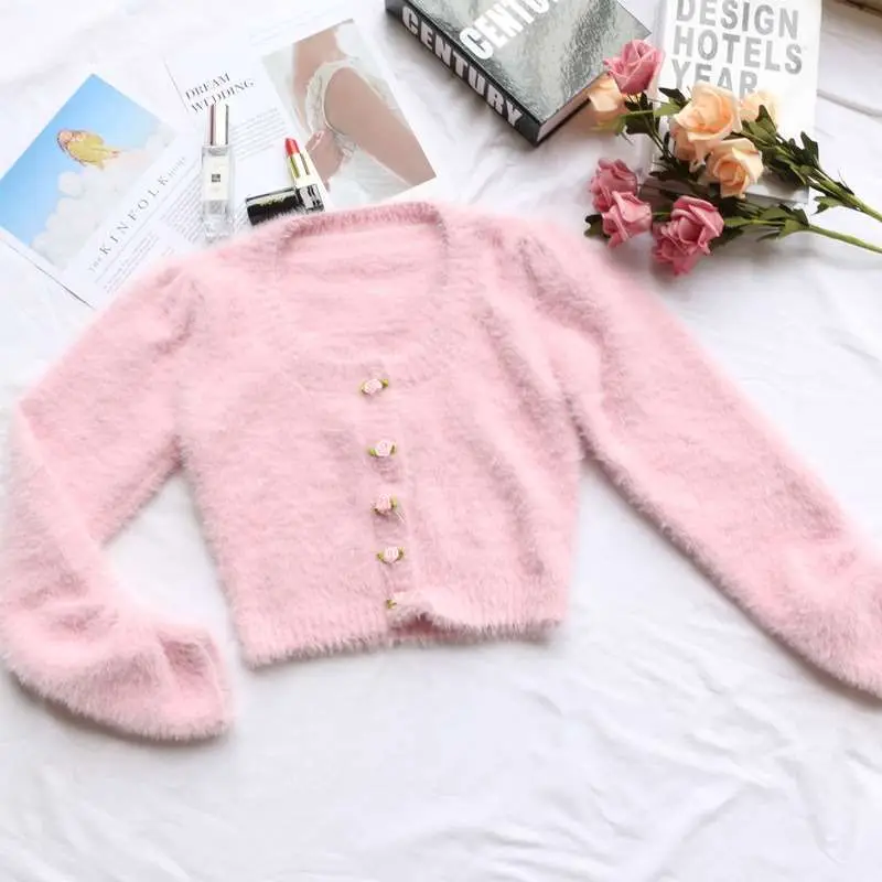

Forlove Sweet Pink Furry Low round Ne Cardigan Women's Early Autumn Sweater Loose Fit Long Sve Ultra ort Length