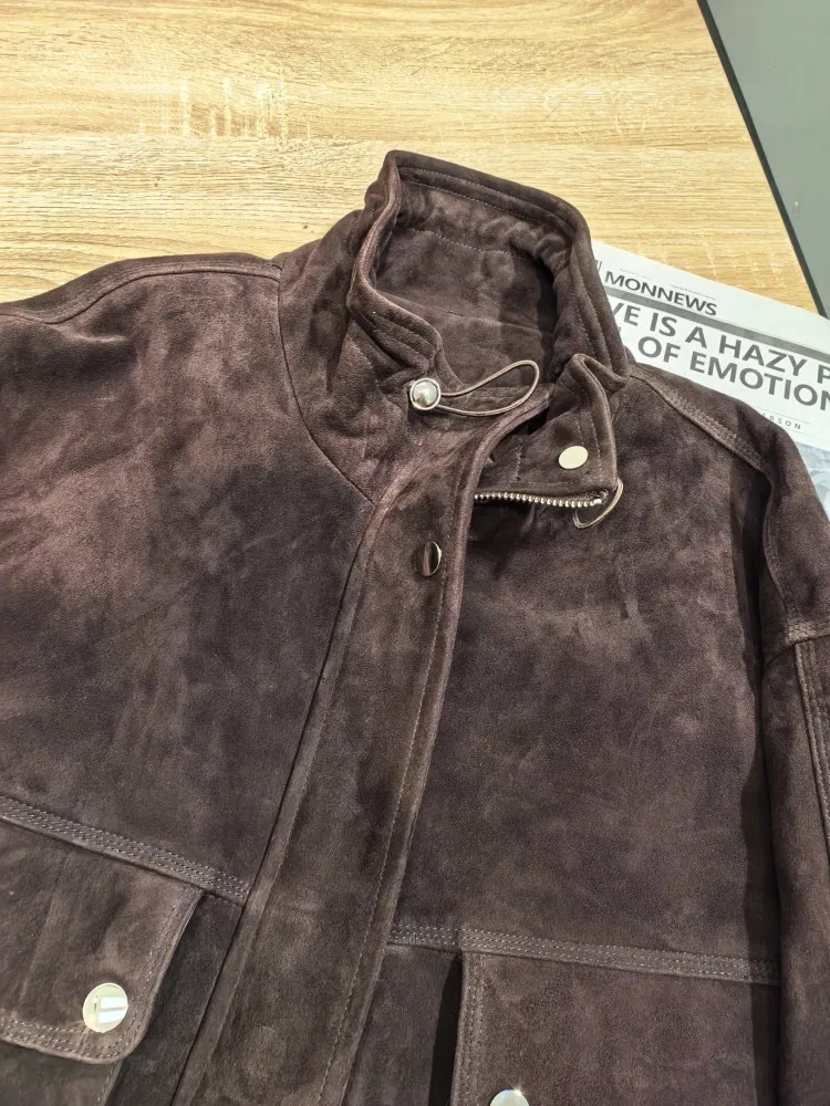 Weibliche Zipper Herbst Winter Kurzen Mantel Vintage Echtem Wildleder Jacke Slim Fit Mode Frauen Elegante Stehkragen Lose Tasche