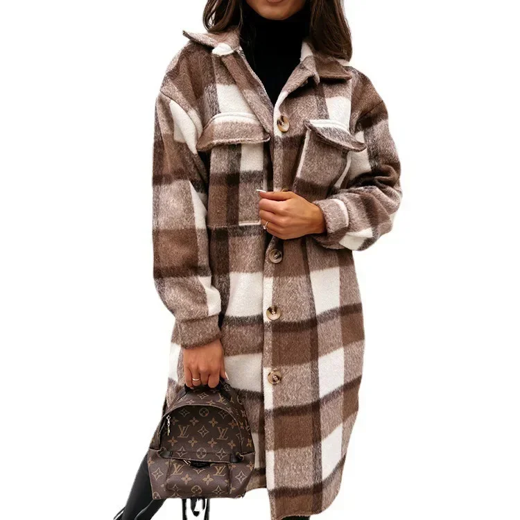 Single Breasted Trench Coat Fashion Long Autumn Winter Women\'s Clothing Long Sleeve Woolen Plaid Overcoat Coat