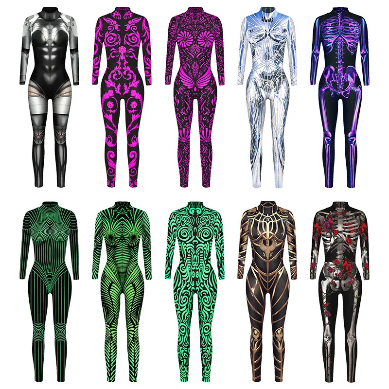 Vrouwen Mannen Toekomstige Robot Machine Schedel 3d Geprint Punk Jumpsuit Halloween Cosplay Kostuums Partij Role Playing Dress Up Outfit